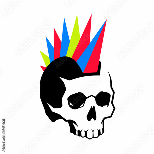 Stylized black and white skull with a vibrant, spiky mohawk in blue, red, and yellow, depicting a punk rock aesthetic.