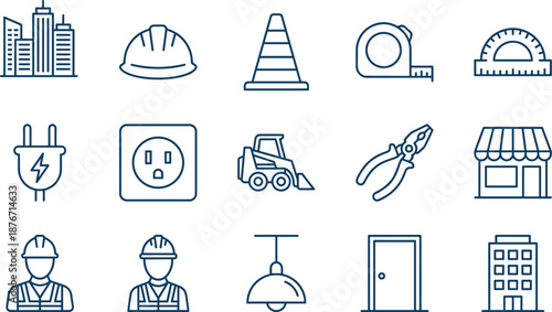 Blue line icon set of construction and building elements including tools, safety gear, workers, electrical symbols, machinery and architecture