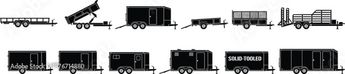 Black silhouette icon set of cargo trailers and utility transport trailers including enclosed, flatbed, dump, equipment, and industrial hauling designs