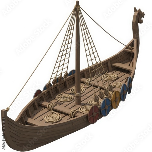 Detailed Model of a Viking Longship with Shields and Mast.