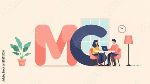 Two people collaborate on a laptop at a desk beside large letters and a plant