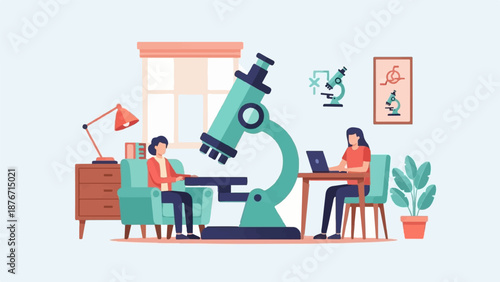 Two people collaborate on a science project using a microscope and laptop in a room