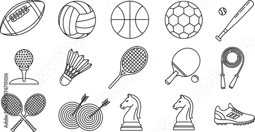 Black and white line icon set of sports equipment including balls, rackets, chess pieces, targets, jump rope, and athletic gear