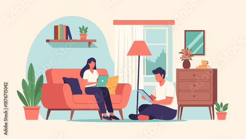 Two people relaxing at home using laptops and tablets