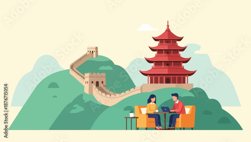 Two people collaborate on laptops while sitting in comfortable chairs against a backdrop of the Great Wall and a pagoda