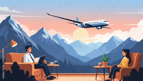 Two people relaxing indoors with a laptop and book, while a plane flies over mountains at sunset