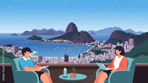 Two people relaxing on a balcony overlooking a vibrant coastal city with a bay and mountains