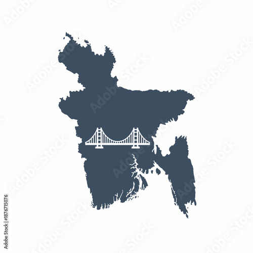 Silhouette map of Bangladesh with a bridge icon overlaid, representing infrastructure development and connectivity within the country.