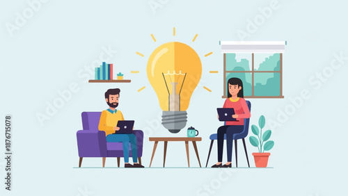 Two people collaborate on laptops with a giant light bulb symbolizing an idea