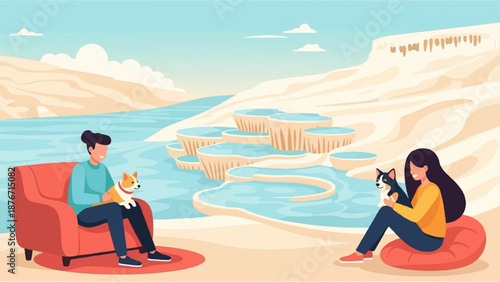 Two people relaxing with dogs by a natural hot spring