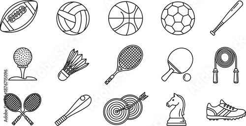 Black and white line icon set of sports equipment including balls, rackets, bats, targets, jump rope, and athletic accessories