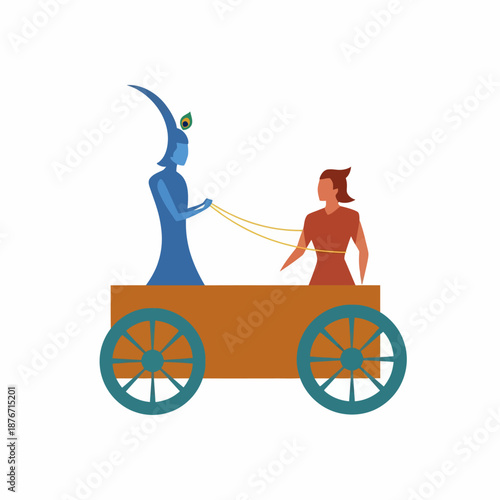 Stylized illustration of a blue deity-like figure guiding a person on a simple two-wheeled wooden cart, depicting a scene of spiritual journey or control.