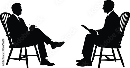 Black and white silhouette illustration of two businessmen seated in chairs having professional interview conversation concept corporate counseling meeting discussion