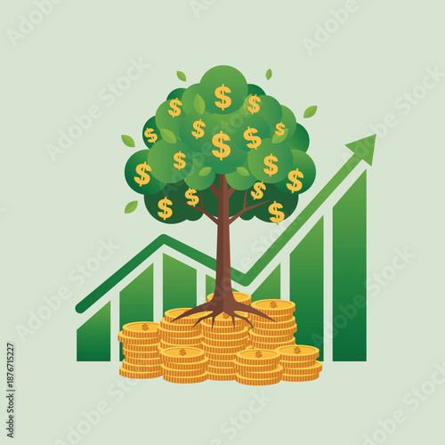 Business Investment and Financial Growth Concept with Money Tree and Rising Chart.