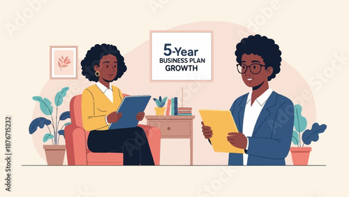 Two people discuss a 5-year business plan, with plants and framed art in the background