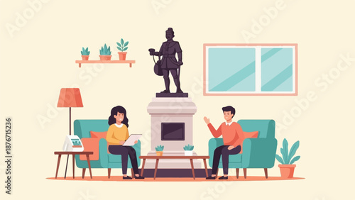 Two people converse in a room with a statue, window, plants, and furniture