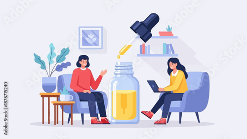 Two people relax in a room while a large dropper dispenses liquid into a bottle