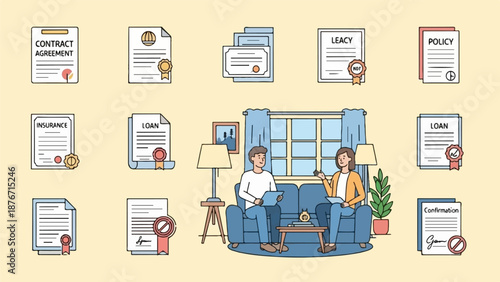 Two people discuss documents in a living room, surrounded by official papers like loans and contracts