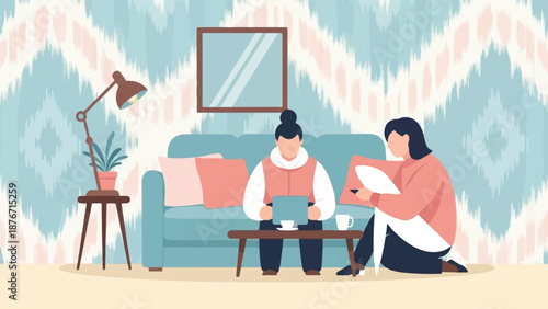 Two people relax in a room with abstract patterned wallpaper, a sofa, and a lamp