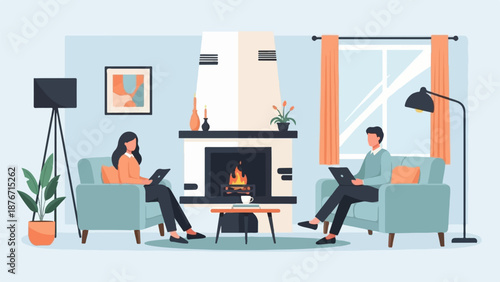 Two people relax in armchairs by a fireplace, each using a laptop computer