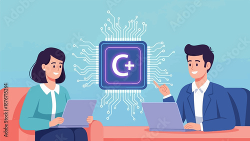 Two people discuss programming on laptops next to a glowing CPU chip