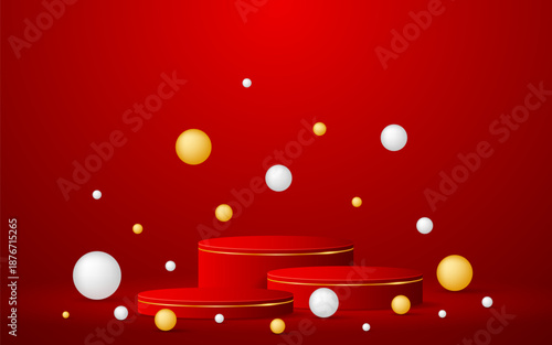 Multi-tiered red podium with elegant gold lines with white and gold balls around it for displaying advertisements. Exhibit cosmetic products. Stage or podium. Vector illustration