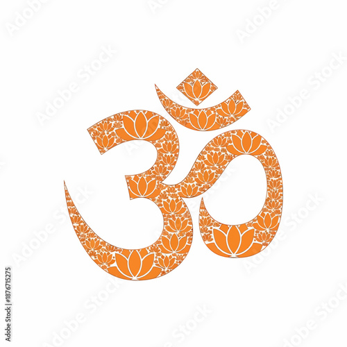 Orange Om symbol with intricate lotus flower pattern on a white background, representing spirituality and meditation.