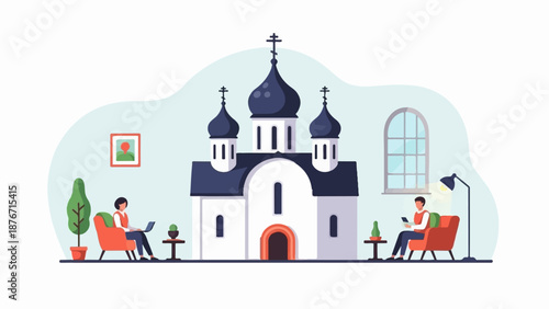 Two people relax in armchairs with laptops and phones near a church building