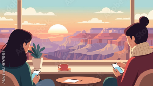 Two people enjoy a serene sunset view of a vast canyon while using their phones, a plant and coffee nearby