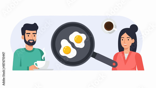 Two people enjoying a breakfast of fried eggs and coffee together