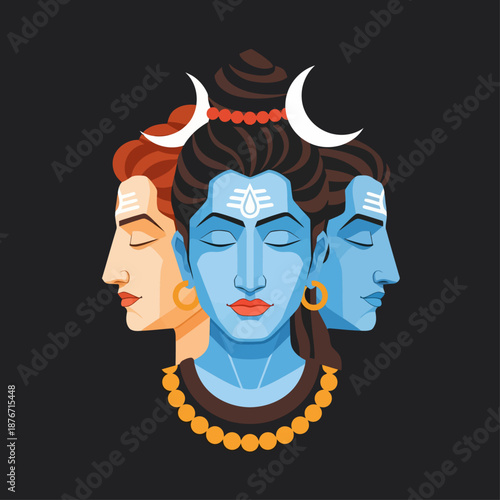 Stylized vector illustration of Lord Shiva's three-faced Trimurti form, depicting the Hindu deity with a crescent moon and third eye.