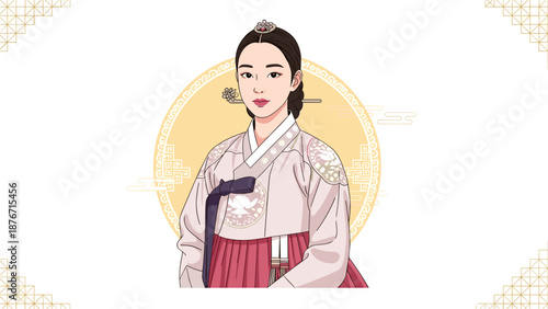 Portrait of a Korean woman in traditional Hanbok, for cultural presentations and educational purposes, with copy space