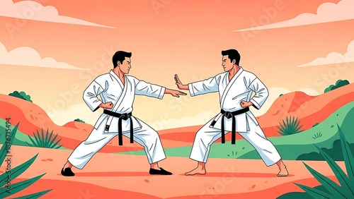 Two skilled martial arts practitioners wearing traditional white gi uniforms with black belts engage in a focused sparring stance outdoors during sunset.