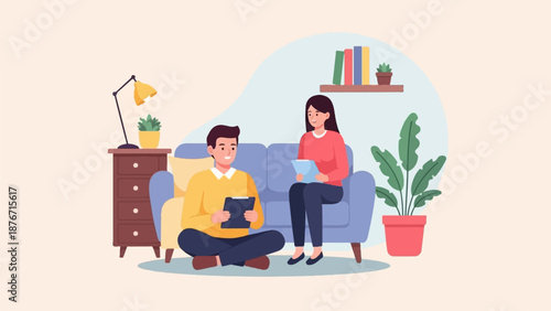 Two people in a living room setting, one sitting on the floor, the other on a sofa, both engaged with digital tablets