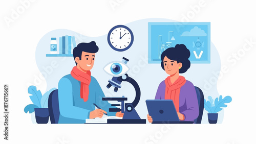 Two people in a bright room, one studying a microscope, the other on a laptop