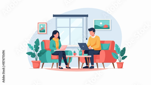 Two people in a living room, working on laptops on cozy sofas