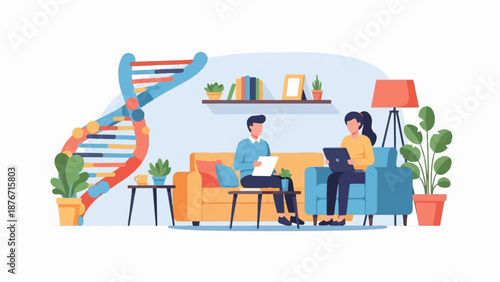 Two people in a room with a DNA strand and plants