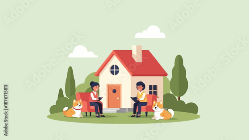 Two people and dogs sit on chairs outside a house with trees and clouds