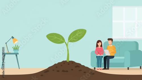 Two people in a room with a growing plant, a lamp, and a couch