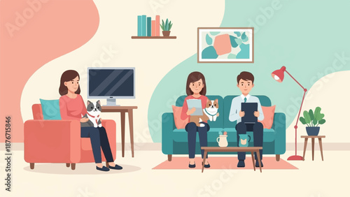 Two people and their dogs relax in a living room with a TV, couch, and plants