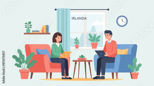 Two people in a room with plants and a window showing "Irlanda" and mountains