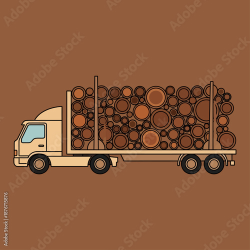 Illustration of a beige logging truck carrying a full load of cut wooden logs on a solid brown background, depicted in a flat graphic style.
