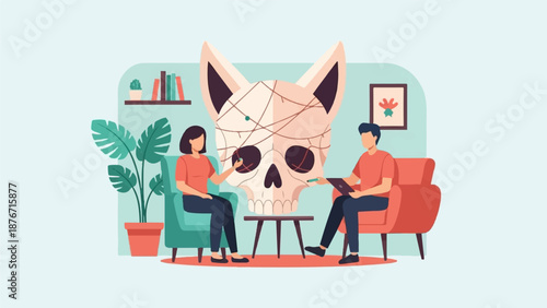 Two people in an office, talking to a giant cat skull