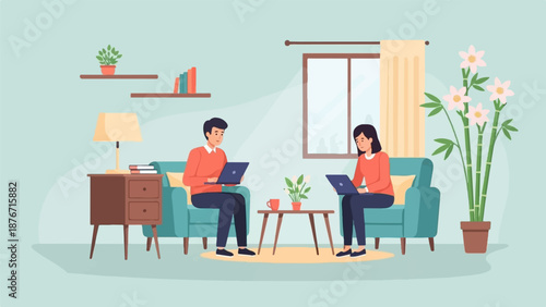 Two people in an apartment are working on laptops in their living room