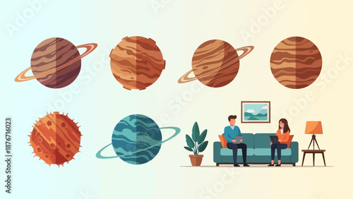 Stylized planets and a living room scene with people working on laptops