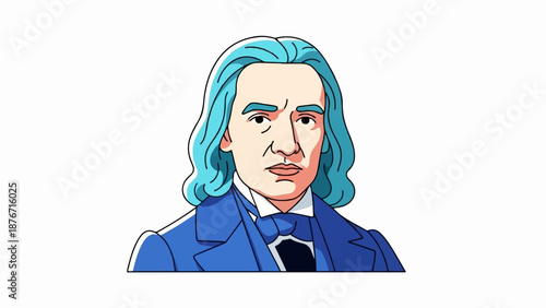 Stylized portrait of a man with long, wavy blue hair and a formal blue suit