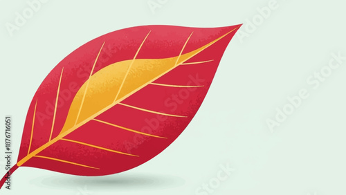 Stylized red and yellow leaf with textured details against a soft mint background
