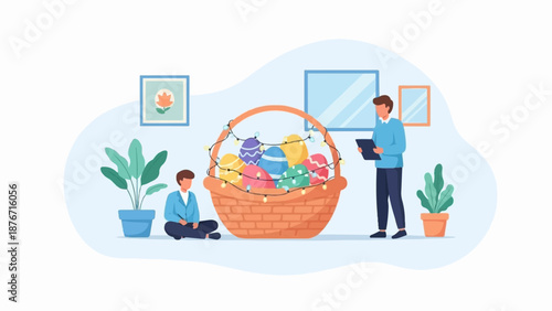 Two men beside a basket of colorful Easter eggs with lights, and potted plants