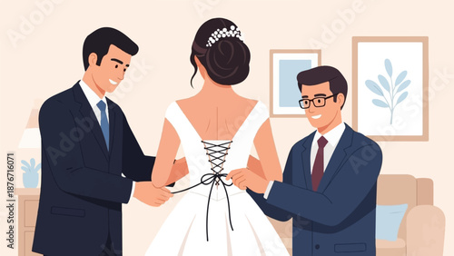 Two men help a bride lace up her wedding dress before her special day