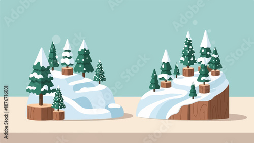 Stylized, pixelated winter scene with snow-covered evergreen trees on small, rounded mounds